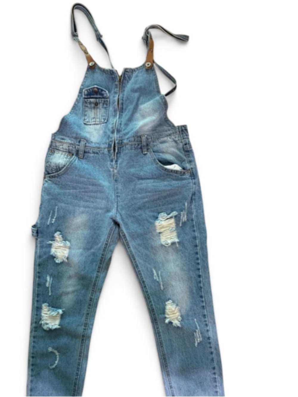 Woman’s Distressed Denim Overalls - Blue size S